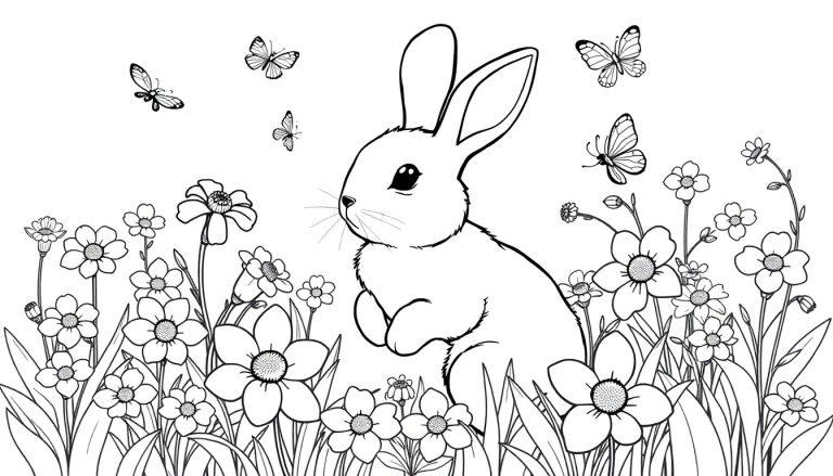 Een kleurplaat van een konijn dat in een veld vol bloemen zit, met vlinders die erboven vliegen.