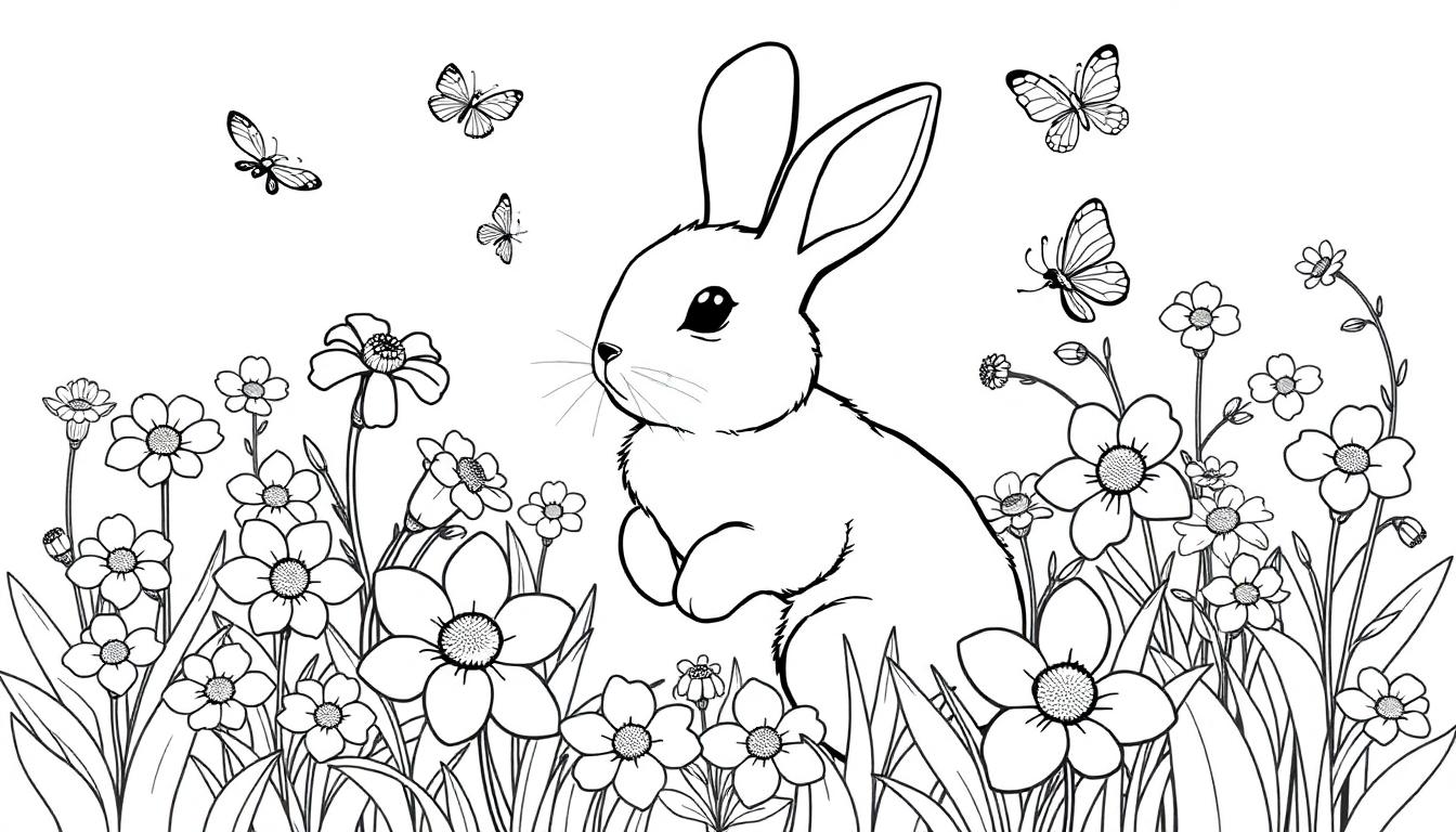 Een kleurplaat van een konijn dat in een veld vol bloemen zit, met vlinders die erboven vliegen.