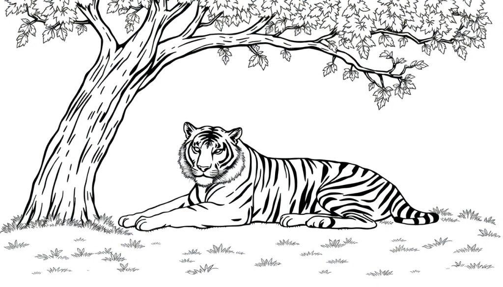 Kleurplaat van een ontspannen tijger die onder een boom ligt.