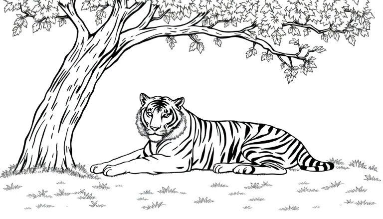 Kleurplaat van een ontspannen tijger die onder een boom ligt.