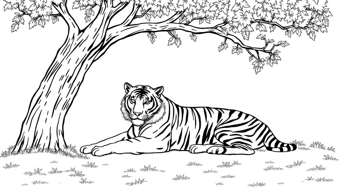 Kleurplaat van een ontspannen tijger die onder een boom ligt.