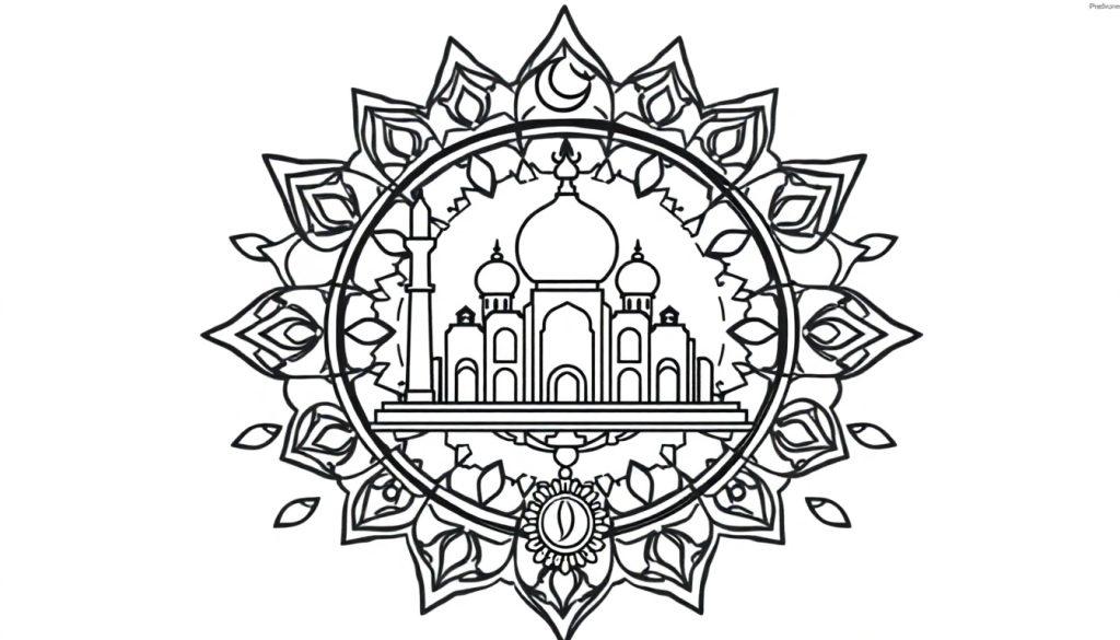 Een symmetrische kleurplaat van een moskee in een mandala met een halve maan bovenaan.
