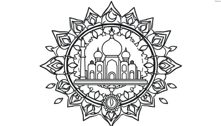 Een symmetrische kleurplaat van een moskee in een mandala met een halve maan bovenaan.