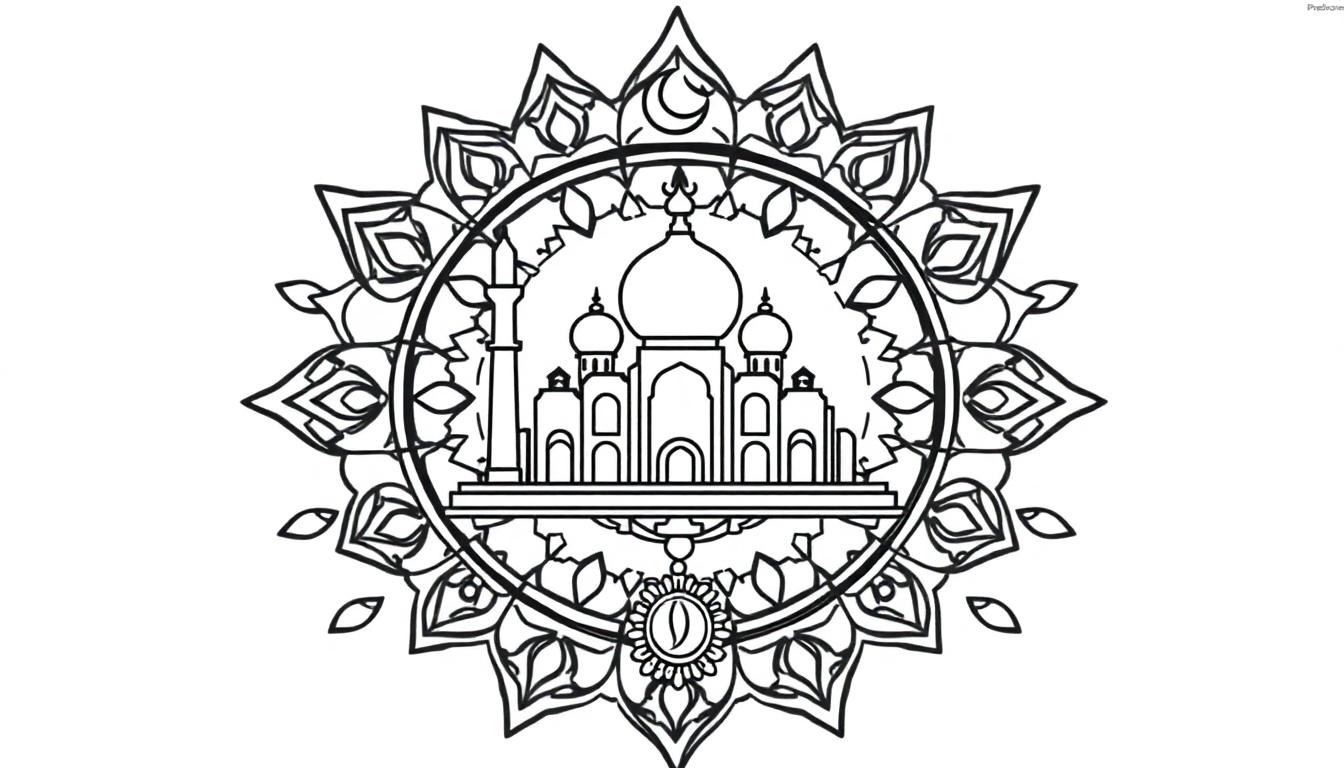 Een symmetrische kleurplaat van een moskee in een mandala met een halve maan bovenaan.