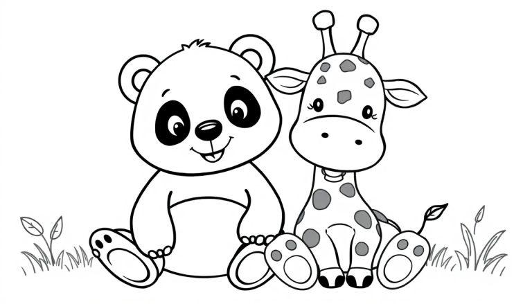 Kleurplaat van een panda en een giraf die samen zitten op gras met een vrolijke uitstraling.