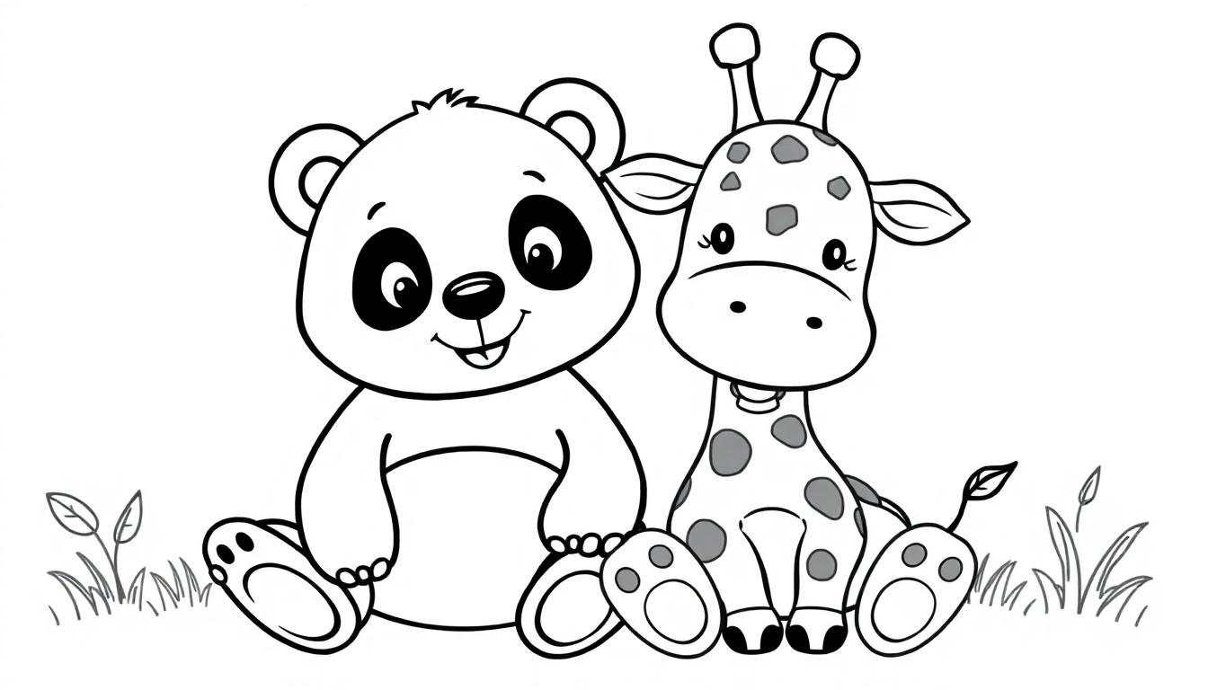 Kleurplaat van een panda en een giraf die samen zitten op gras met een vrolijke uitstraling.