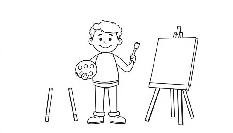 Kleurplaat van een kind dat schildert, met een palet en penseel in de hand, naast een ezel met een leeg doek.
