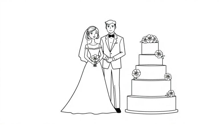 Kleurplaat van een bruidspaar en een bruidstaart met bloemen en meerdere lagen.