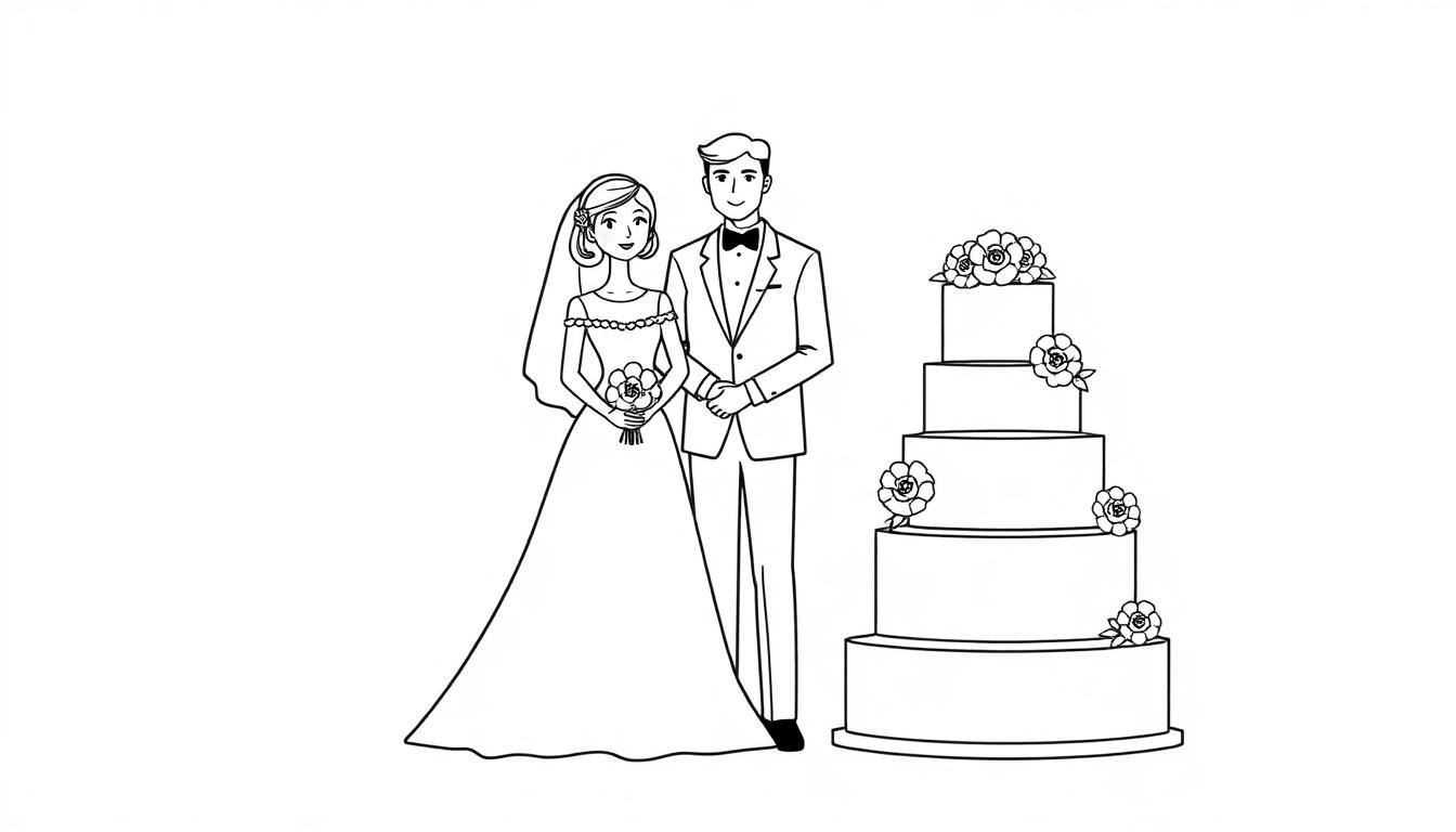 Kleurplaat van een bruidspaar en een bruidstaart met bloemen en meerdere lagen.
