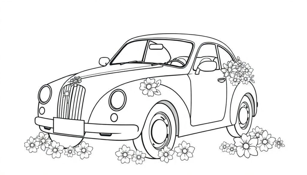 Kleurplaat van een klassieke trouwauto met bloemen.