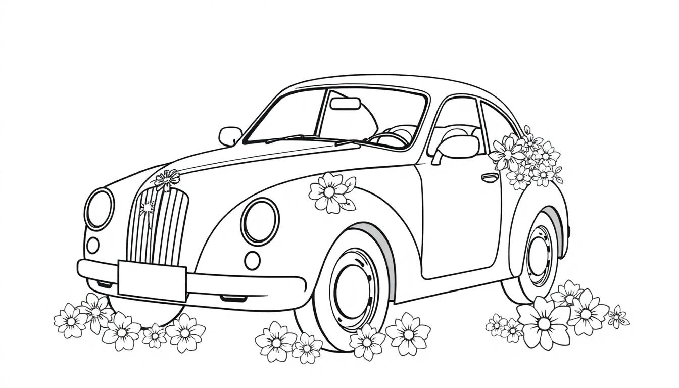 Kleurplaat van een klassieke trouwauto met bloemen.