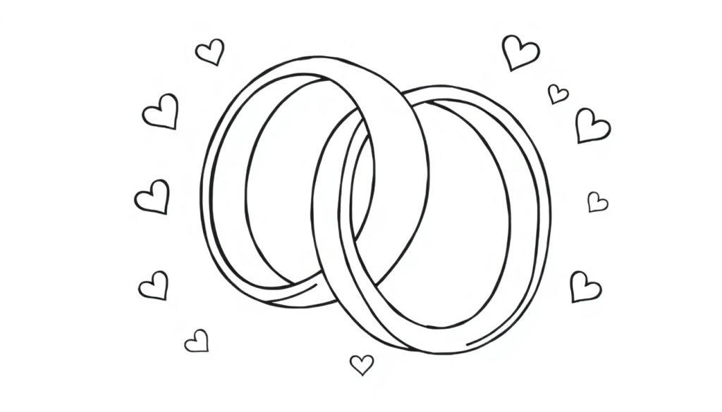 Kleurplaat van twee verbonden ringen met hartjes eromheen, symbool voor liefde en trouw.