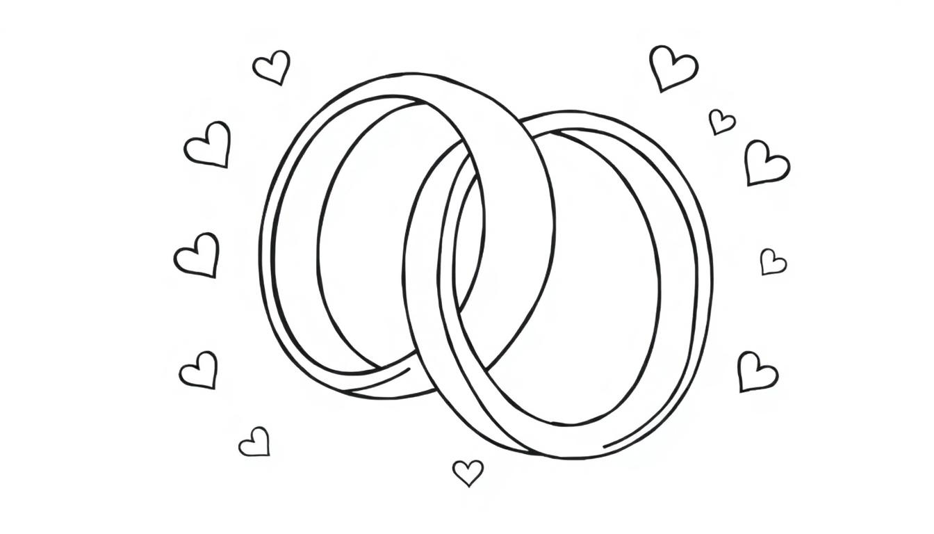 Kleurplaat van twee verbonden ringen met hartjes eromheen, symbool voor liefde en trouw.