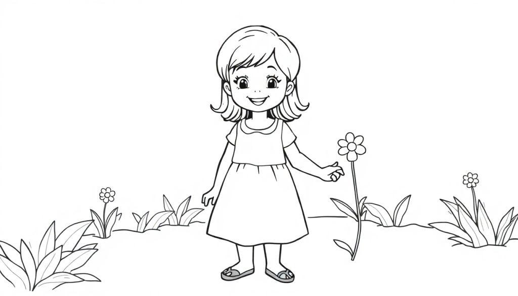 Kleurplaat van een lachend meisje in een jurk, staand in een bloemenveld met een bloem in haar hand.