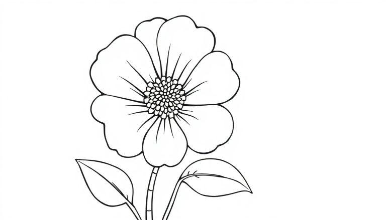Lijntekening van een bloem met vijf ronde bloembladen en een rechte stengel met twee bladeren, geschikt voor een kleurplaat.