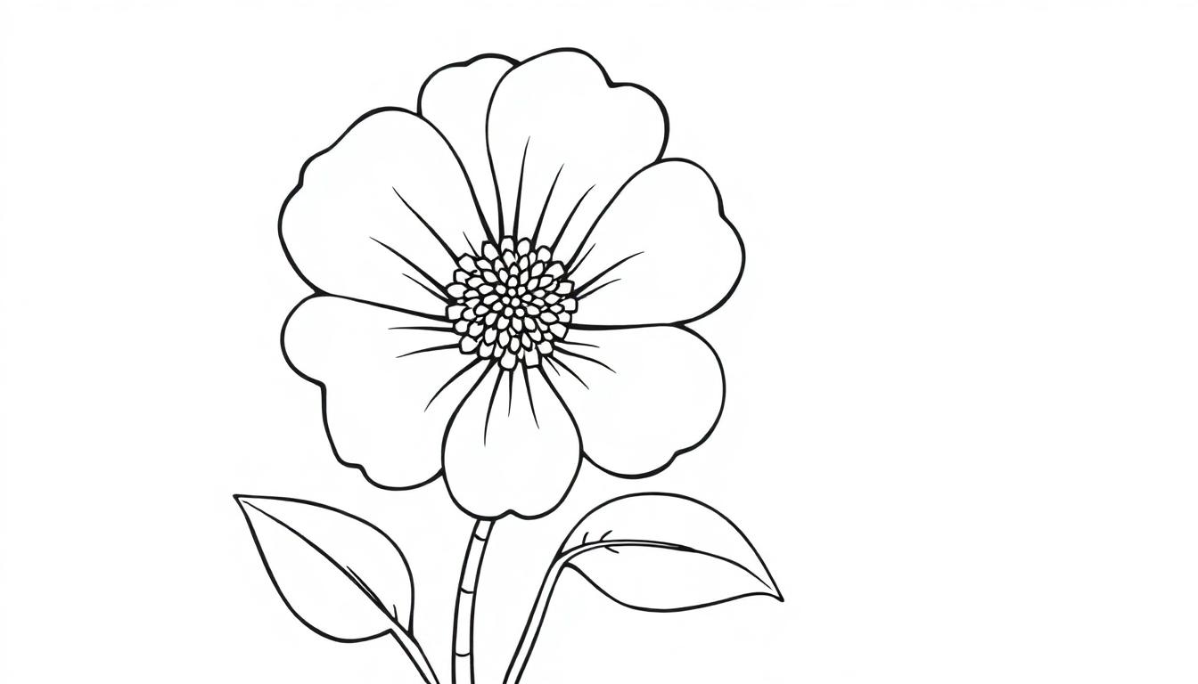 Lijntekening van een bloem met vijf ronde bloembladen en een rechte stengel met twee bladeren, geschikt voor een kleurplaat.