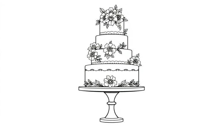 Lijntekening van een elegante, drie verdiepingen hoge trouwtaart met bloemen en bladeren als versiering, perfect als kleurplaat.