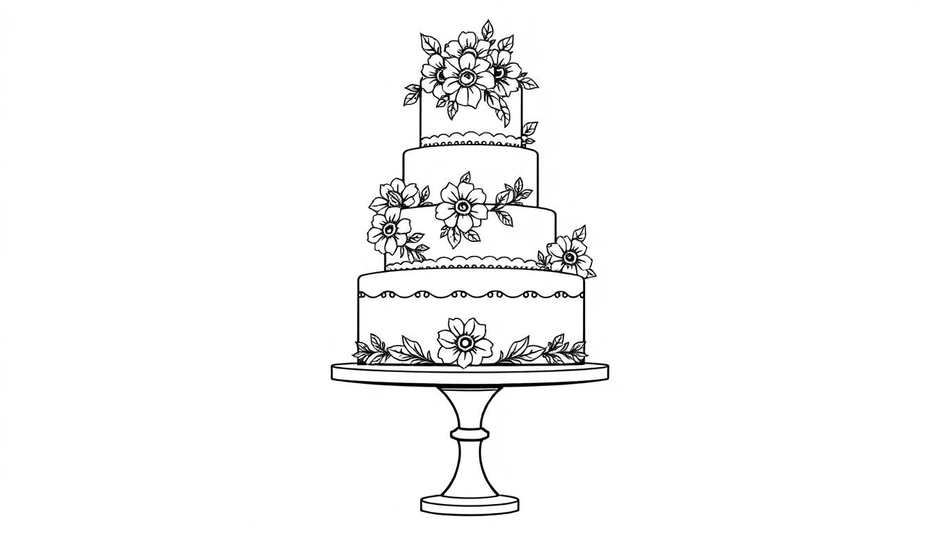Lijntekening van een elegante, drie verdiepingen hoge trouwtaart met bloemen en bladeren als versiering, perfect als kleurplaat.