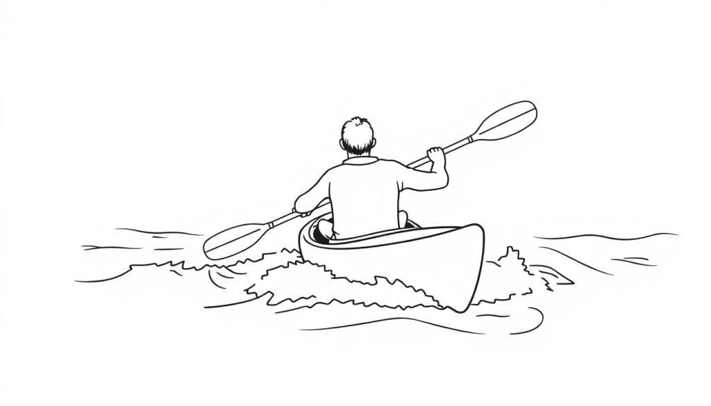 Kleurplaat van een persoon die met een peddel in een kano op golvend water vaart.