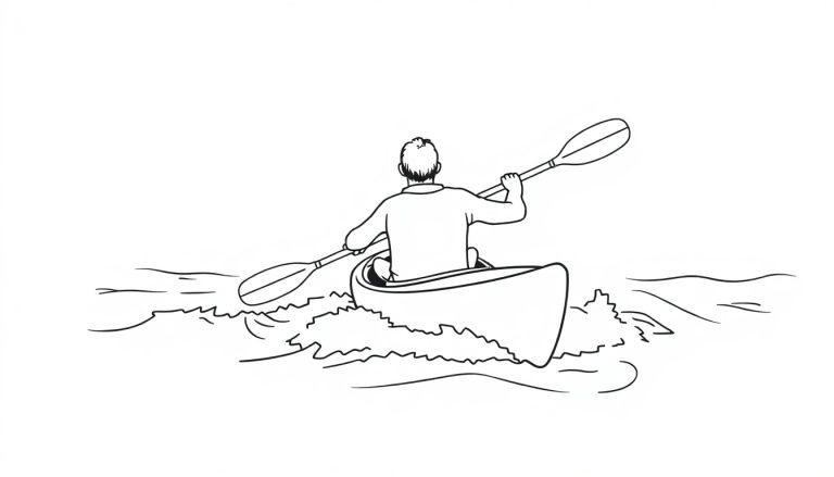 Kleurplaat van een persoon die met een peddel in een kano op golvend water vaart.