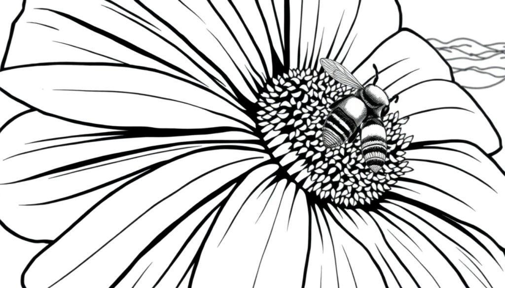 Kleurplaat van een bij op een grote bloem bij zee.