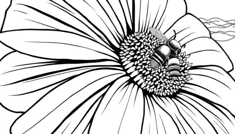 Kleurplaat van een bij op een grote bloem bij zee.