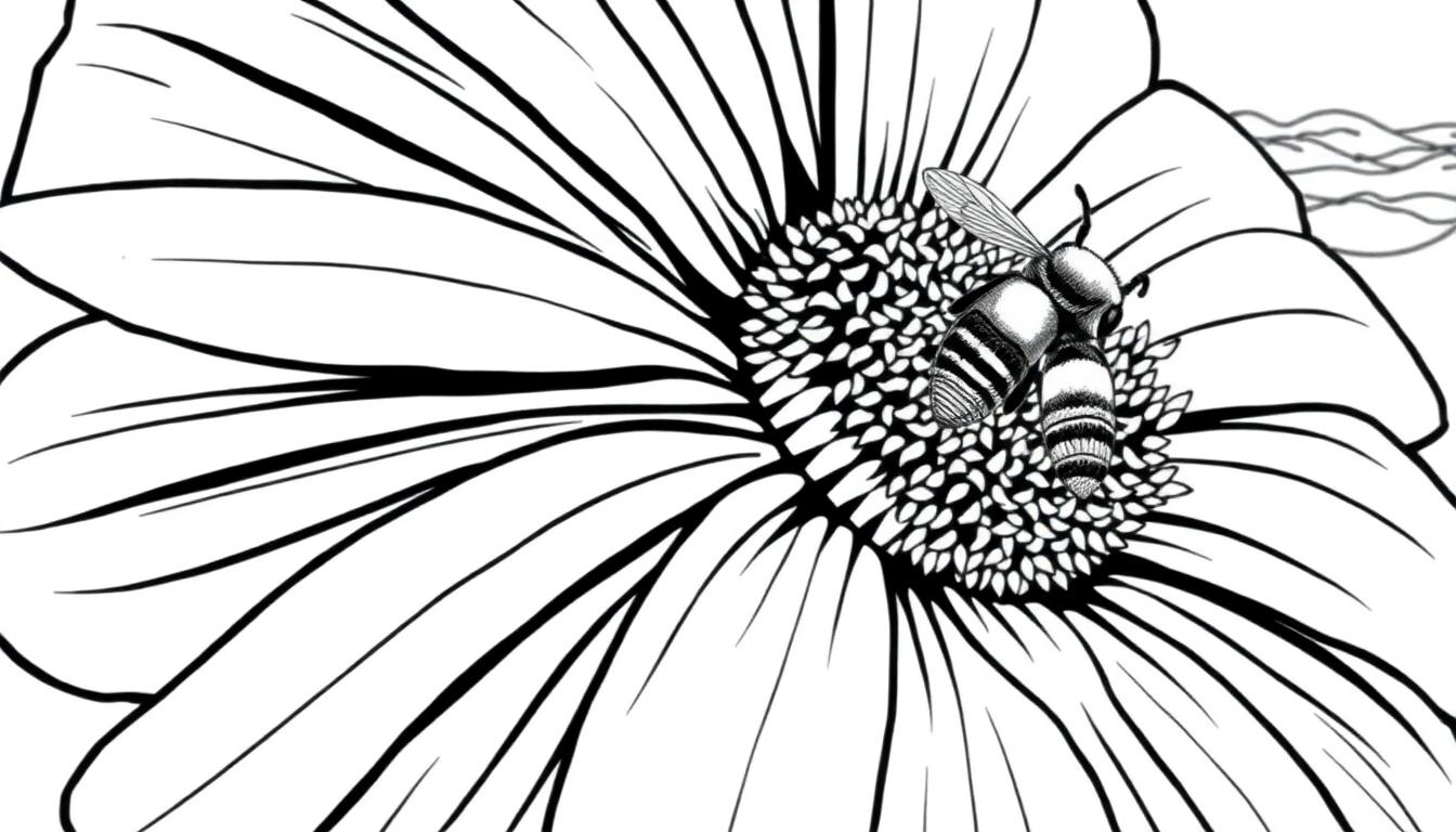 Kleurplaat van een bij op een grote bloem bij zee.