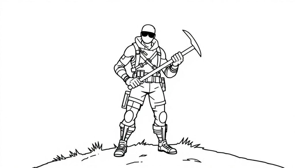 Fortnite kleurplaat van een stoer personage met tactische kleding, een pickaxe en een zonnebril, staand op een heuvel.