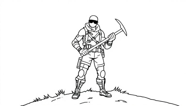 Fortnite kleurplaat van een stoer personage met tactische kleding, een pickaxe en een zonnebril, staand op een heuvel.