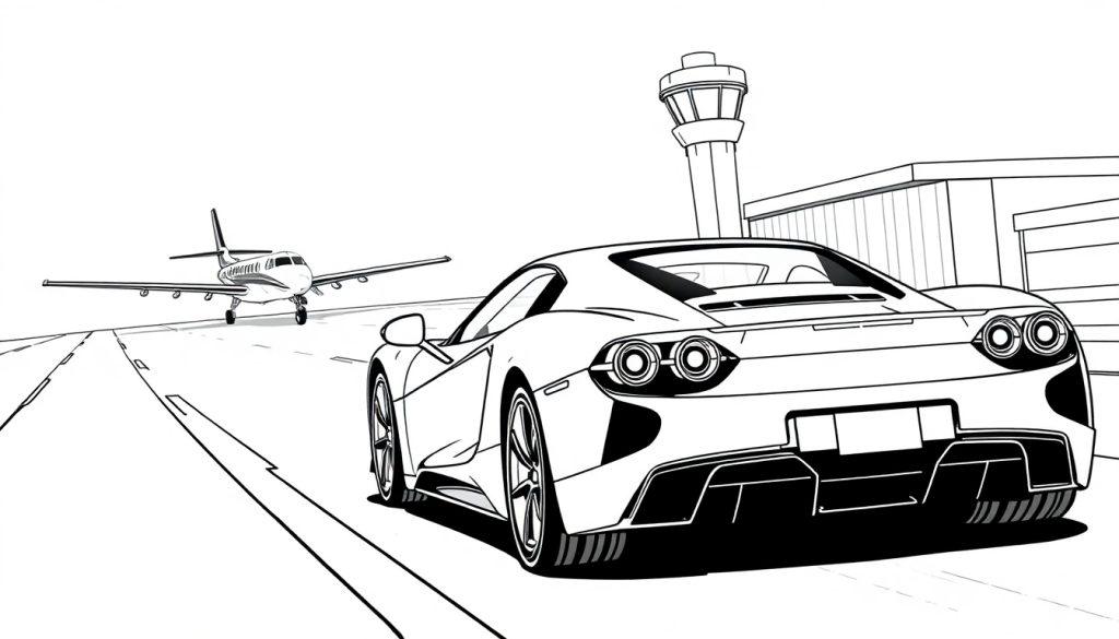 Kleurplaat van een sportauto op een vliegveld met een vliegtuig en een toren in de achtergrond.
