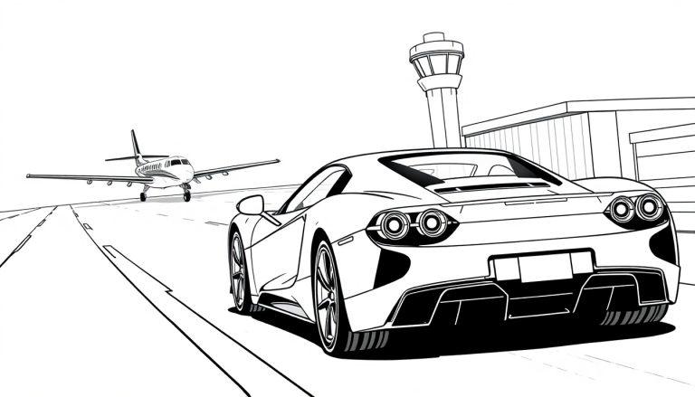 Kleurplaat van een sportauto op een vliegveld met een vliegtuig en een toren in de achtergrond.