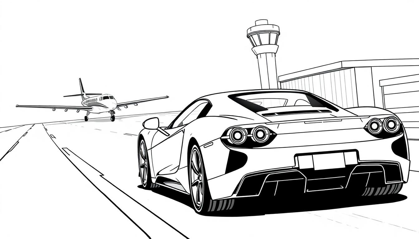 Kleurplaat van een sportauto op een vliegveld met een vliegtuig en een toren in de achtergrond.