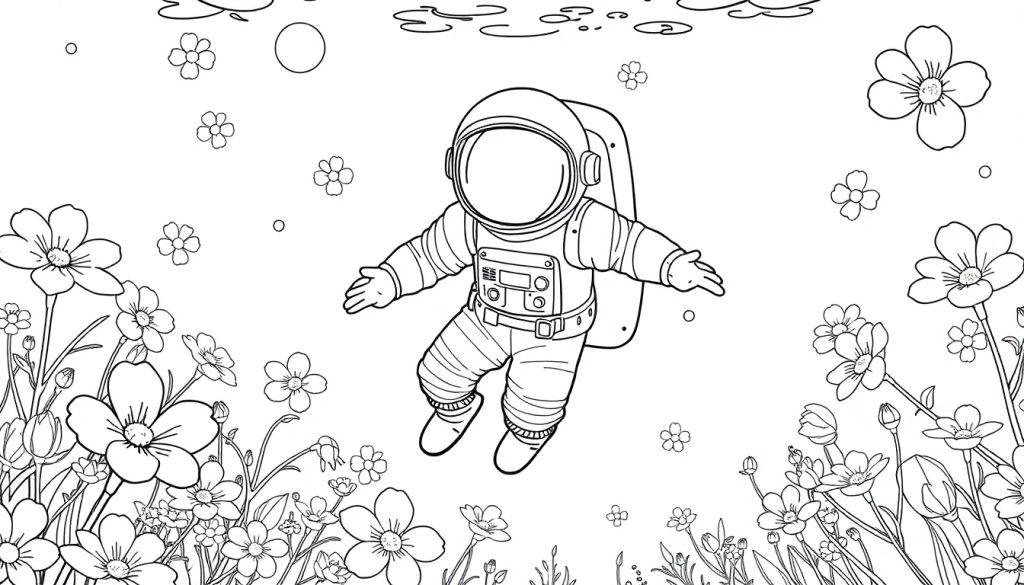 Kleurplaat van een astronaut in een ruimtepak die zweeft tussen bloemen en golvende lijnen in een fantasieachtige omgeving.