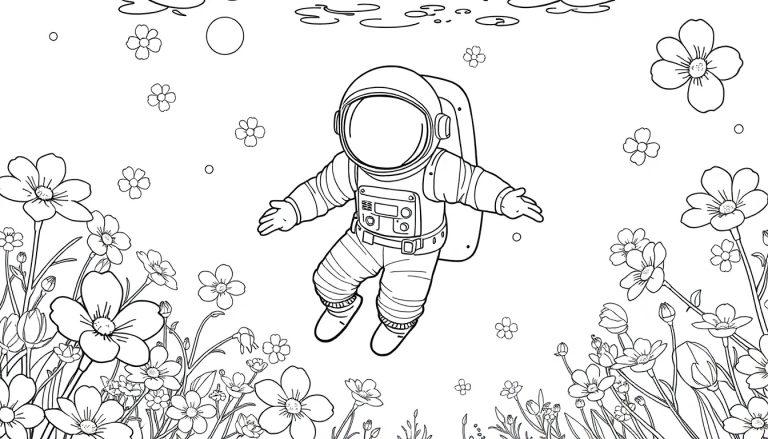 Kleurplaat van een astronaut in een ruimtepak die zweeft tussen bloemen en golvende lijnen in een fantasieachtige omgeving.