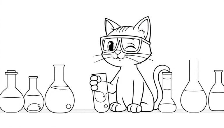 Zwart-wit kleurplaat van een knipogende kat met bril die scheikunde proefjes doet aan een laboratoriumtafel.