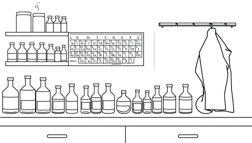 Een scheikunde lokaal kleurplaat met potjes, flesjes en een periodiek systeem.