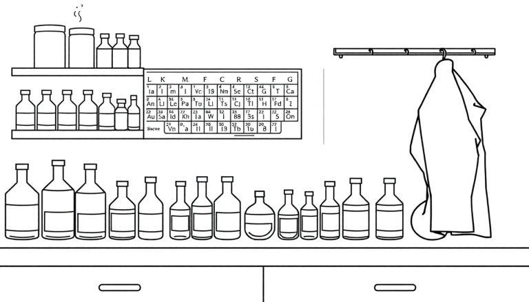 Een scheikunde lokaal kleurplaat met potjes, flesjes en een periodiek systeem.