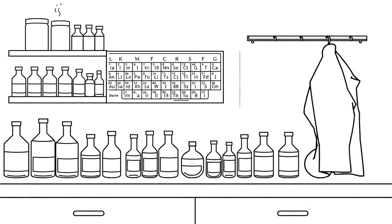Een scheikunde lokaal kleurplaat met potjes, flesjes en een periodiek systeem.