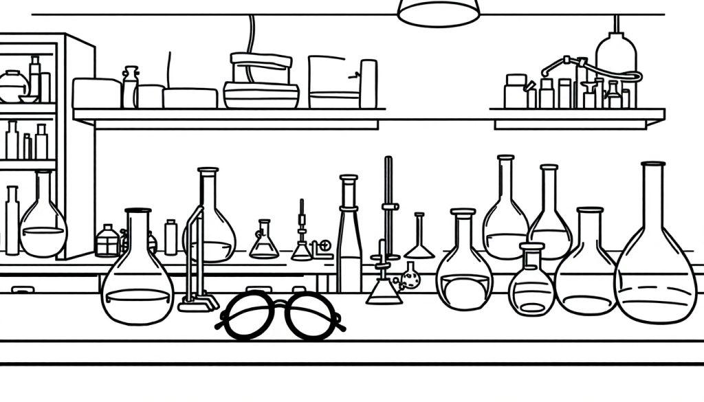 Kleurplaat van een scheikunde laboratorium met glaswerk, flessen en labapparatuur.