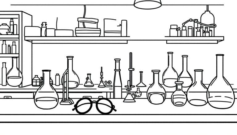 Kleurplaat van een scheikunde laboratorium met glaswerk, flessen en labapparatuur.