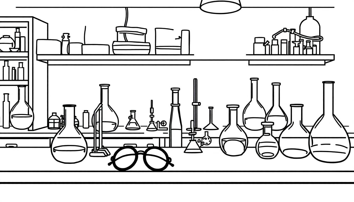 Kleurplaat van een scheikunde laboratorium met glaswerk, flessen en labapparatuur.