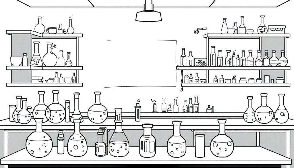 Kleurplaat van een scheikundelokaal met glaswerk en een georganiseerde opstelling.