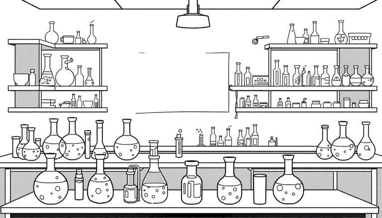 Kleurplaat van een scheikundelokaal met glaswerk en een georganiseerde opstelling.
