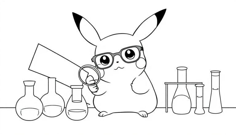Een kleurplaat met Pikachu die een bril draagt en een loep vasthoudt in een laboratorium vol met wetenschappelijke instrumenten.
