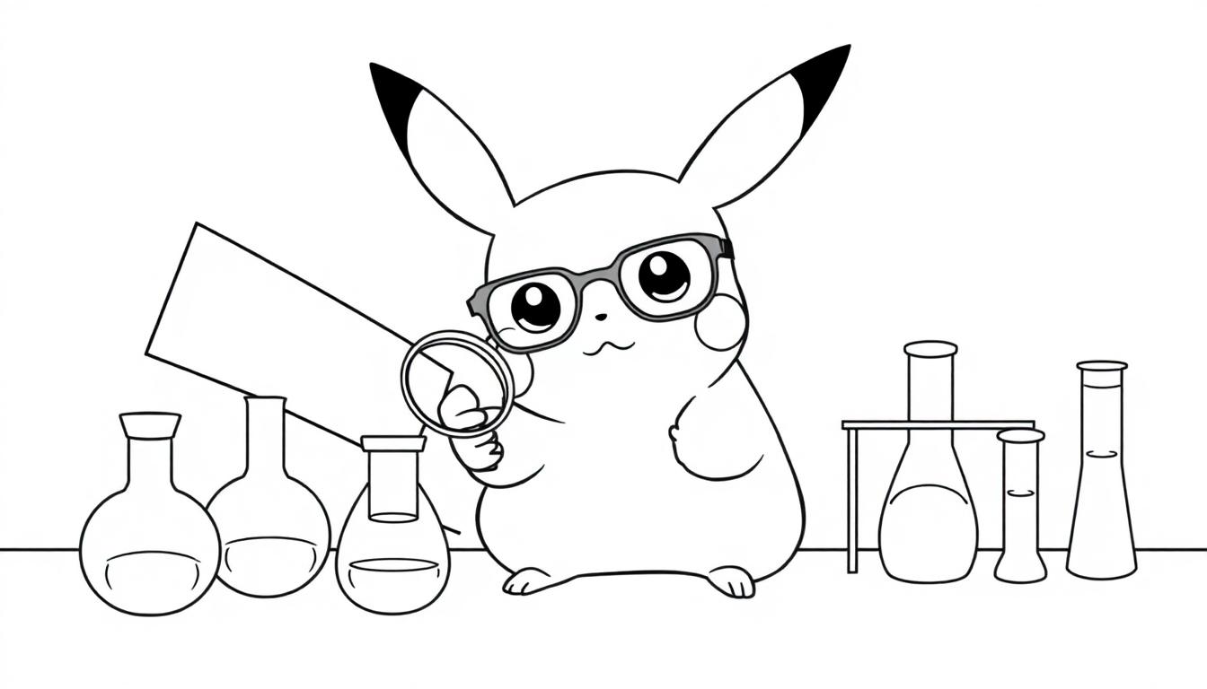 Een kleurplaat met Pikachu die een bril draagt en een loep vasthoudt in een laboratorium vol met wetenschappelijke instrumenten.
