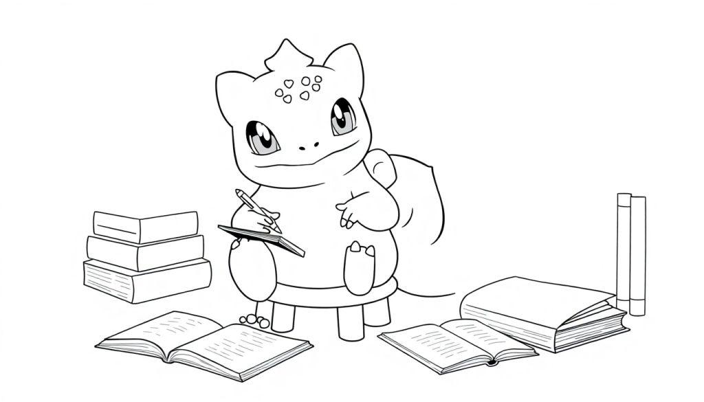 Kleurplaat van een lief dinosaurusachtig wezen dat op een kruk zit en schrijft in een notitieboek, omringd door boeken.