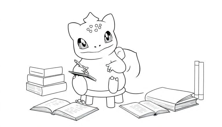 Kleurplaat van een lief dinosaurusachtig wezen dat op een kruk zit en schrijft in een notitieboek, omringd door boeken.