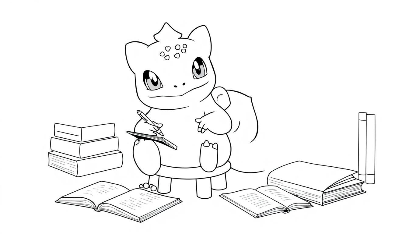 Kleurplaat van een lief dinosaurusachtig wezen dat op een kruk zit en schrijft in een notitieboek, omringd door boeken.