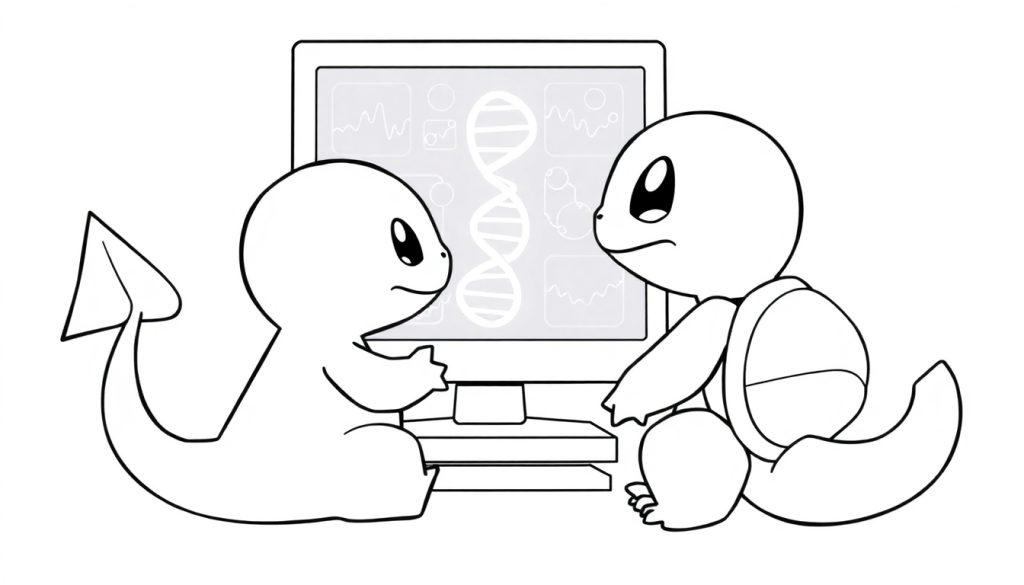 Kleurplaat van twee schattige dierenfiguren die samen een computer onderzoeken met een DNA-streng op het scherm.