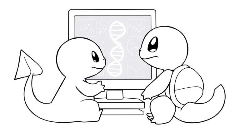 Kleurplaat van twee schattige dierenfiguren die samen een computer onderzoeken met een DNA-streng op het scherm.